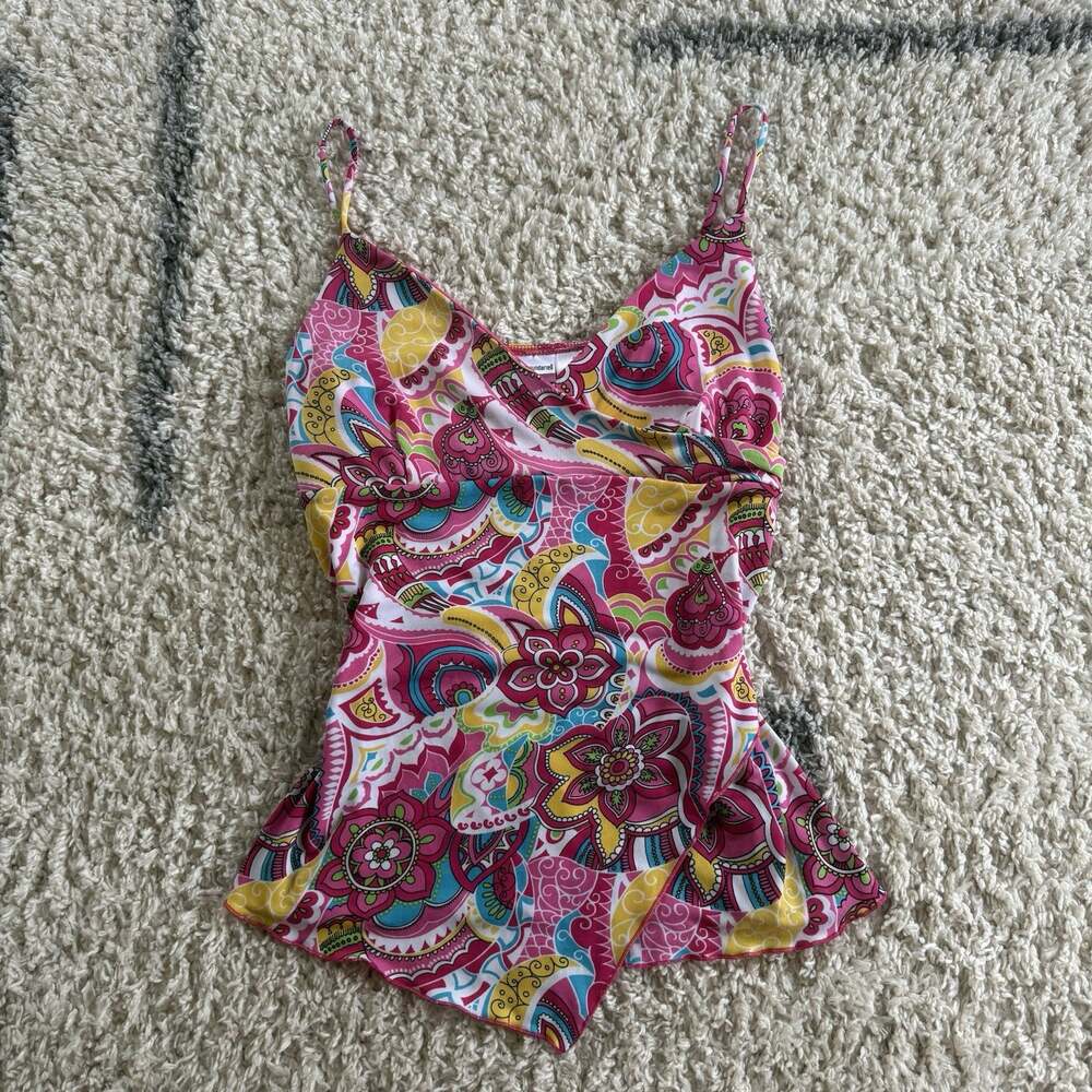 Vtg Y2K Paisley Tank Top XL Asymmetrical Pink Babydoll V-Neck Zara Larsson Vaca